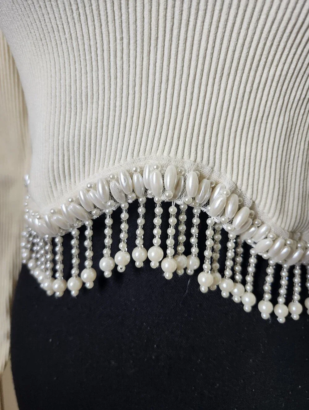 Zara Cream Ribbed Long-Sleeve Crop Top with Beaded Scallop Hem